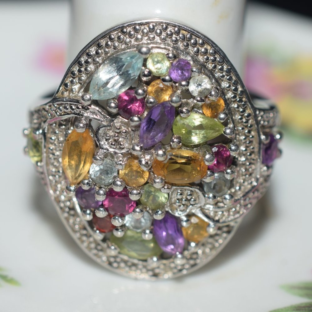 Boxed Sterling Silver Genuine Multi Gem Stoned Diamond Ring 9.3 Grams